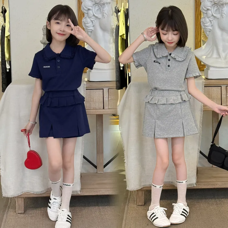女童夏季polo套装2025新款中大童花边短袖上衣网红短裙裤两件套潮