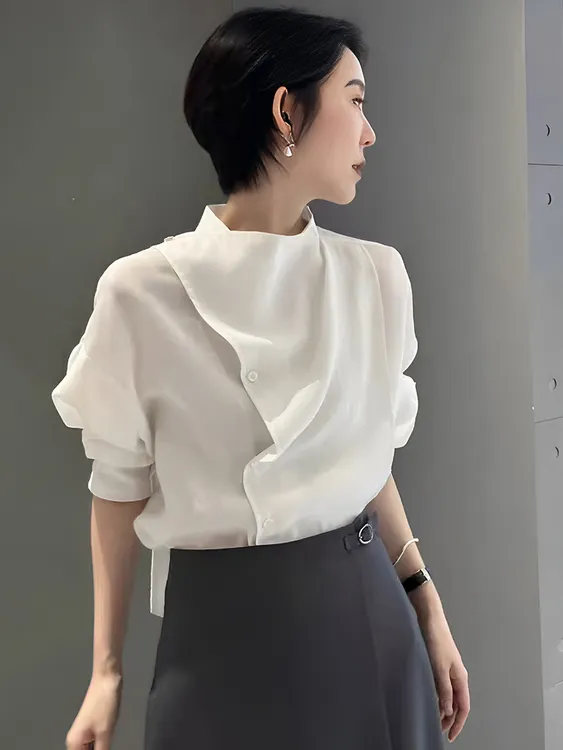 立领微透开叉轻薄荡领衬衫女2025秋季新款设计感时尚洋气别致衬衣