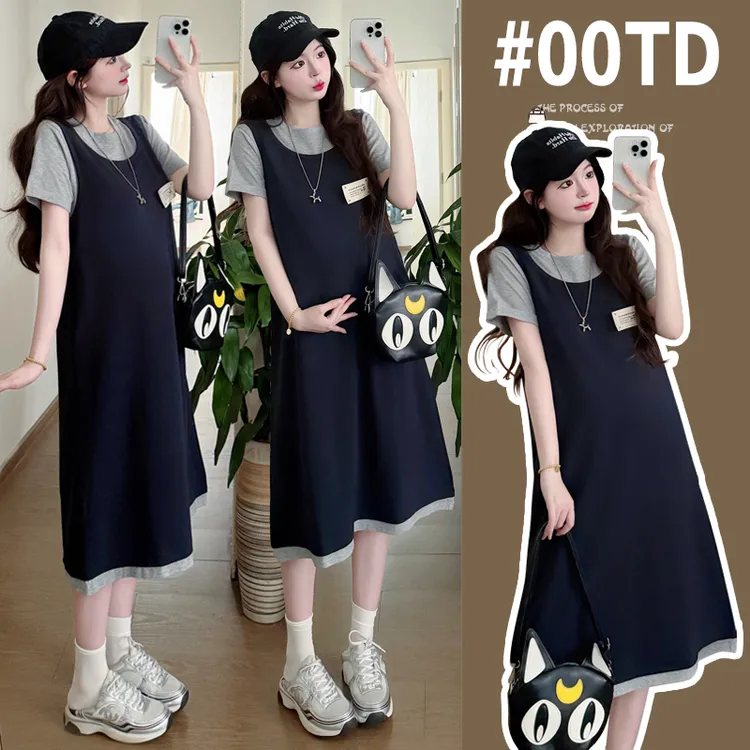 孕妇夏季外穿韩版时尚洋气辣妈减龄简约假两件大码休闲减龄连衣裙