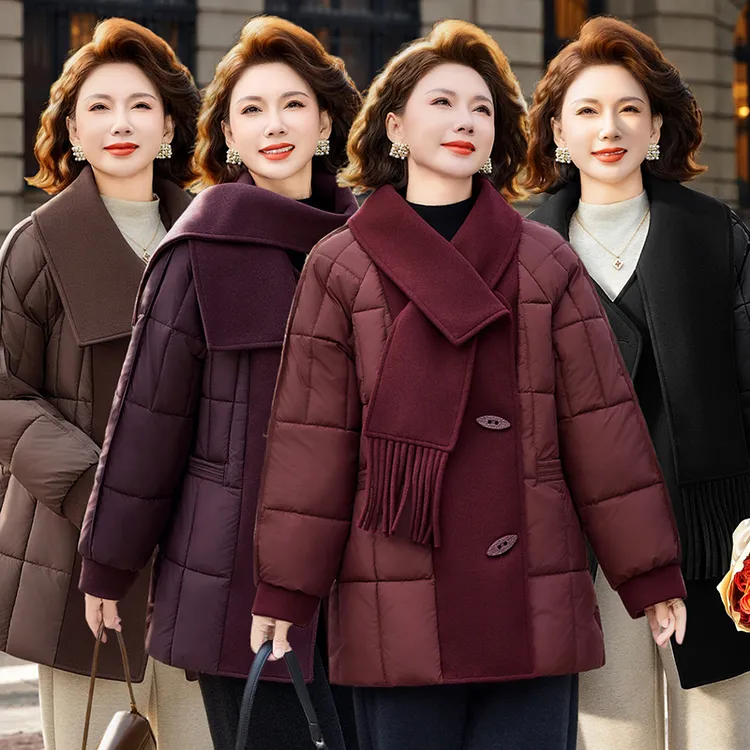 中年妈妈棉服冬季加绒加厚中长款2025年新款洋气棉衣女围巾领棉袄