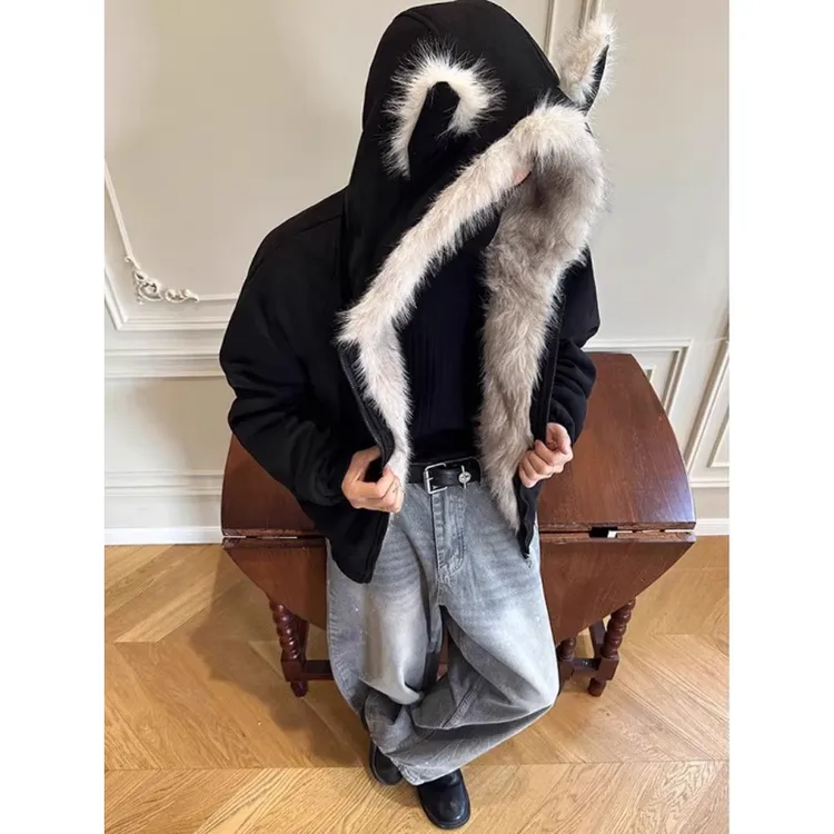 座山雕猫耳毛领连帽夹棉夹克男款冬季美式高级感保暖加厚棉服外套