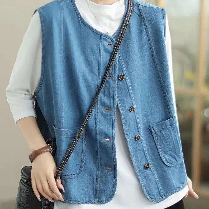 纽扣外穿常规圆领秋季薄款马夹无袖春秋单排扣复古