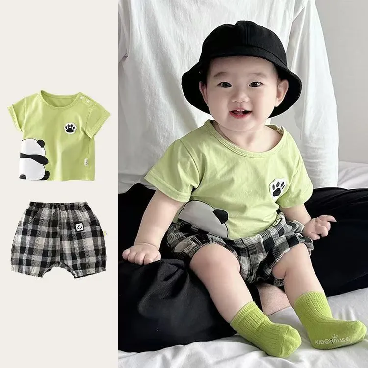韩系儿童夏款套装超萌可爱卡通T恤休闲百搭薄款格纹裤婴童两件套