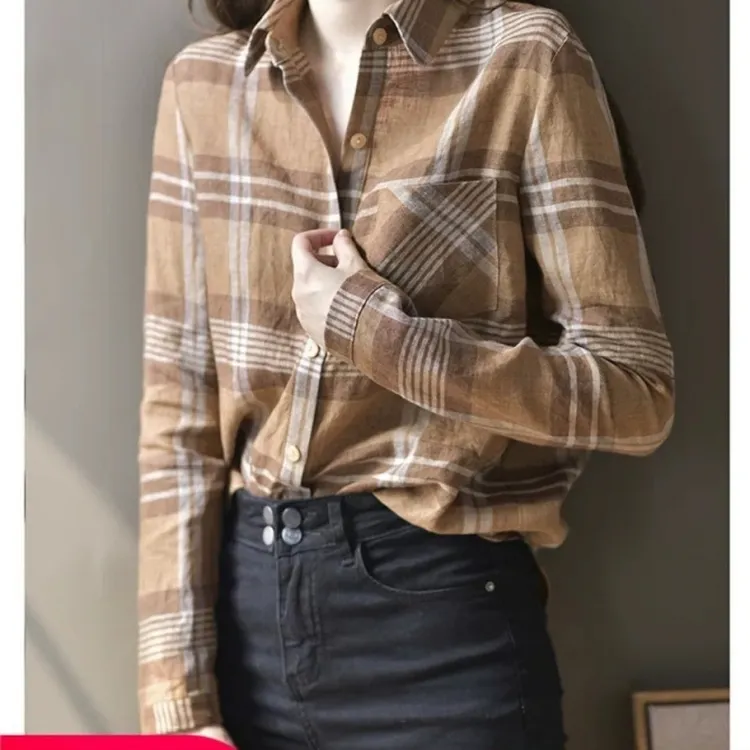 时尚休闲百搭气质秋冬复古格纹外套女装长袖上衣亚麻上衣格子衬衫