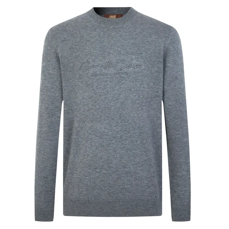 Cavalli Class25秋冬 圆领提花字母毛衣男 时尚绵羊毛针织衫CFC24