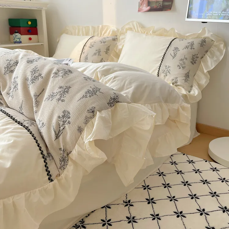 法式奶油-素锦浅云水洗棉花边四件套三件套复古褶皱公主风床品