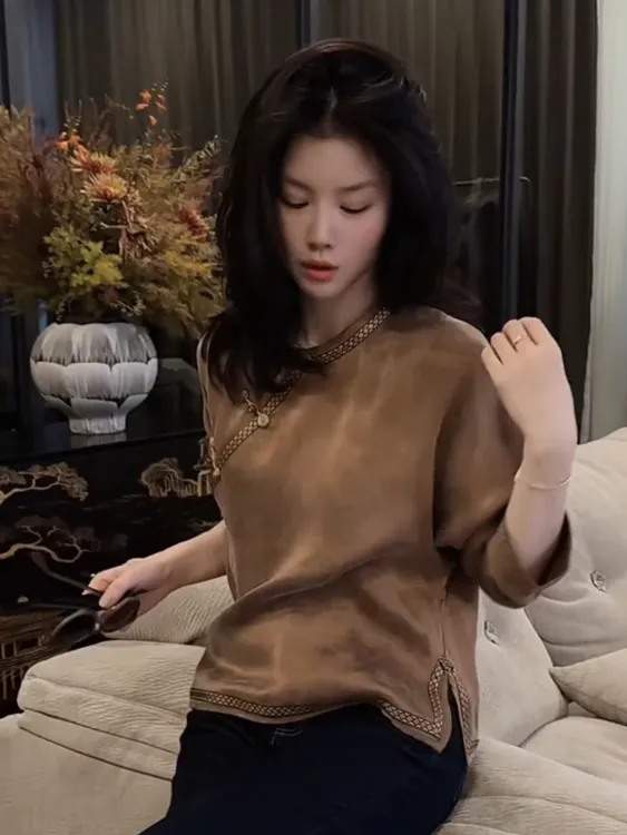 新中式气质复古国风长袖衬衫2025秋冬新款百搭名媛风咖色上衣女装