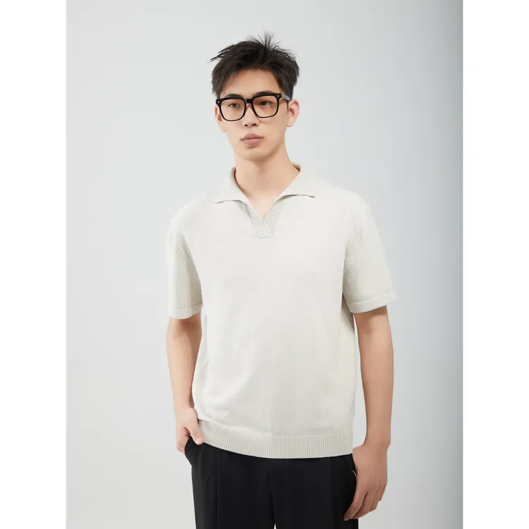 怪兽实验室春夏老钱风宽松纯色短袖POLO领翻领休闲针织短袖#757