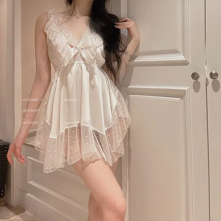 性感深V波点网纱睡衣甜美蝴蝶结吊带睡裙女式家居服套装代发2249