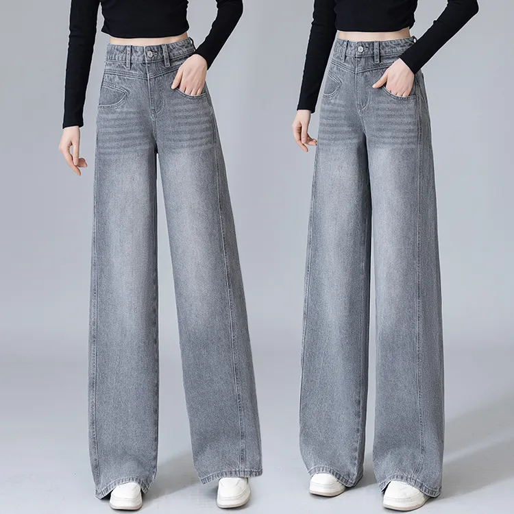 拉夏贝尔烟灰色窄版阔腿牛仔裤女2025年春秋季新款高腰垂感直筒裤