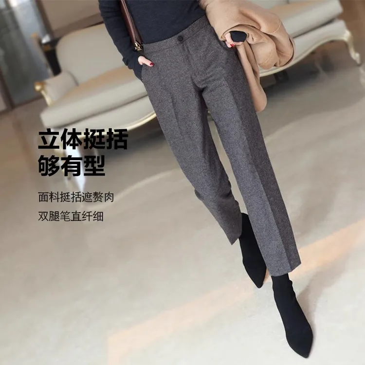 毛呢西装裤女秋冬2025秋冬新款大码小个子烟管裤直筒西裤休闲长裤