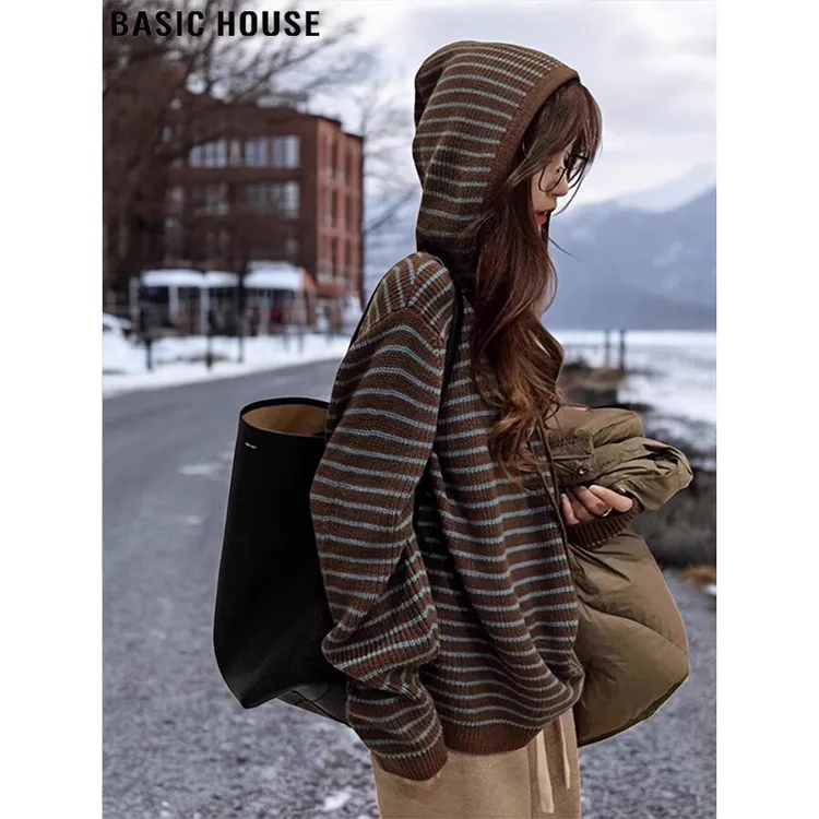 Basic House/百家好条纹连帽毛衣外套撞色女秋季慵懒风宽松针织衫