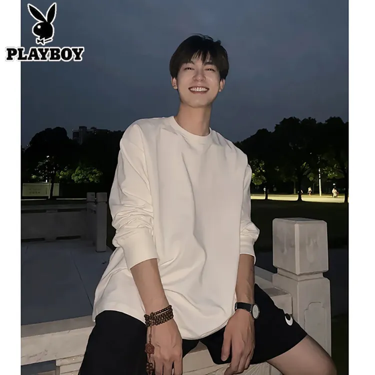 重磅美式纯棉长袖T恤男士春秋季宽松潮流圆领纯色内搭打底衫上衣