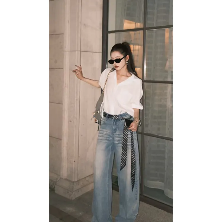 韩系气质套装新款简约时尚精致露背衬衫上衣高腰直筒水洗牛仔裤女