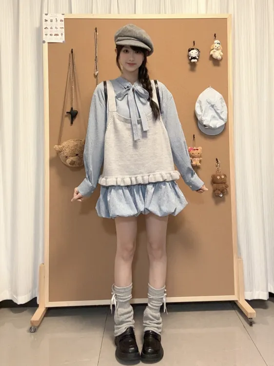 【蟹蟹专属】韩系复古格子蝴蝶结系带衬衫裙花苞裙女秋装2025新款潮