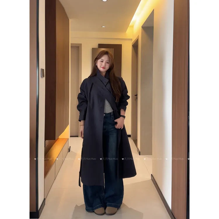 胖MM秋季新款英伦风立领过膝收腰宽松百搭气质风衣外套女