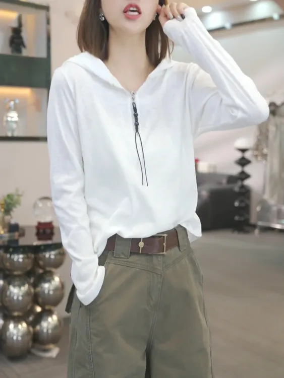 白色连帽长袖t恤女秋季打底衫2025年新款韩系半拉链内搭卫衣上衣
