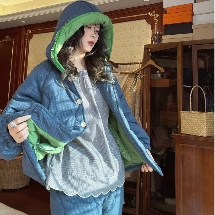 大梦睡衣女士加厚秋冬季保暖宽松连帽三层夹棉简约格纹冬天家居服