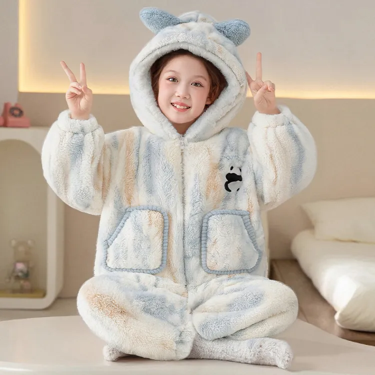 珊瑚绒女童睡衣开衫儿童冬季新款加绒加厚女孩洋气大童亲子家居服
