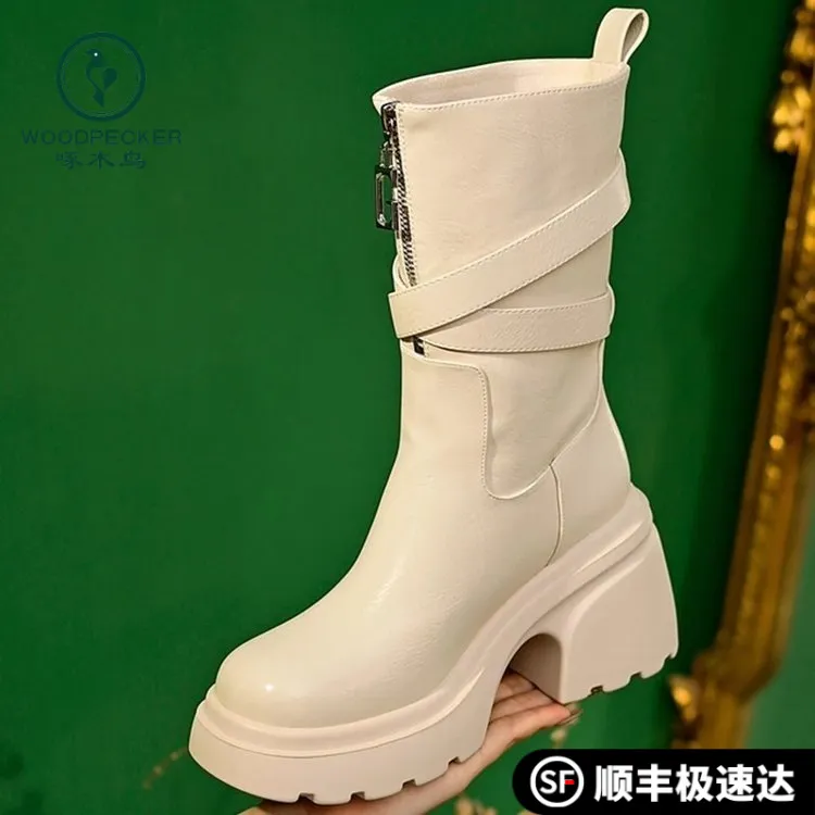 啄木鸟中筒靴鞋小个子英伦风时尚靴子粗跟女2025秋冬新款前拉链时