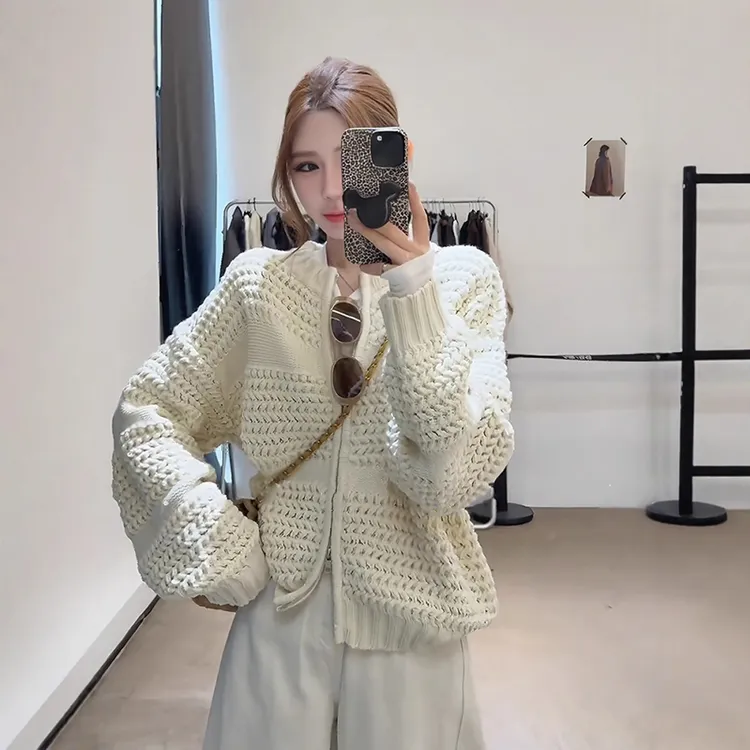 立体感手工圆领拉链毛衣开衫女秋季新款韩系复古宽松百搭针织上衣