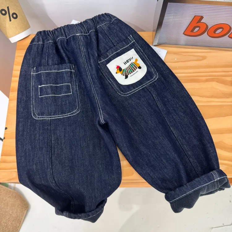 【防褪色】儿童冬款加绒卡通小狗贴布莱赛尔柔软牛仔裤