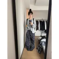 “清仓款”磨毛呢料撞色格子松紧腰休闲裤女裤子宽松直筒阔腿002