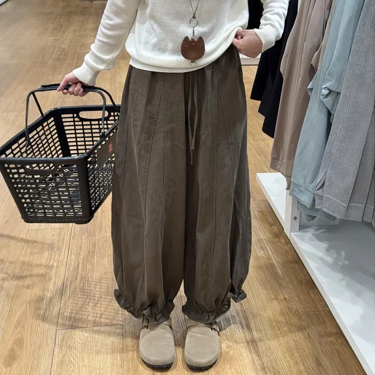 美拉德棕色阔腿花苞工装裤子女秋新款大码女装胖mm九分灯笼休闲裤