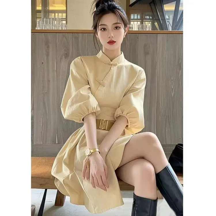 超好看黄色衬衫连衣裙子女2025年春季新款高级感独特别致收腰裙