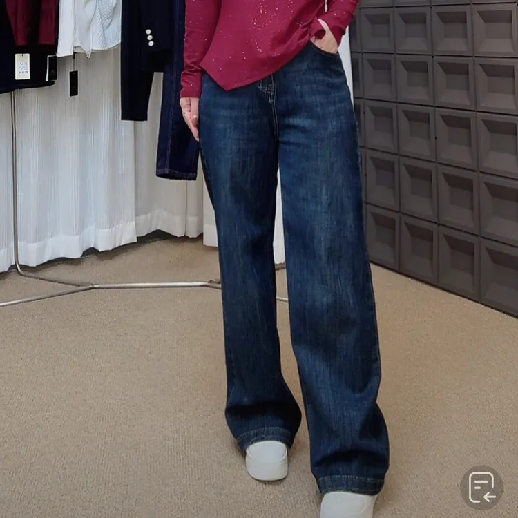 【后腰有橡筋】3四面弹牛仔长裤黛蓝色水洗宽松显瘦阔腿直筒长裤