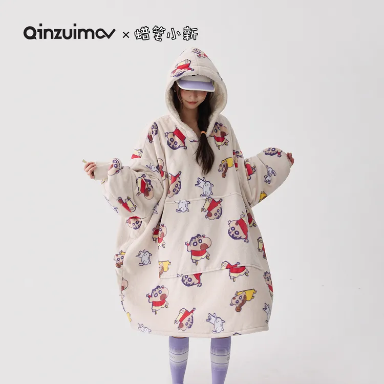 亲嘴猫【蜡笔小新】法兰绒可外穿连帽少女卡通睡袍睡衣家居服秋冬
