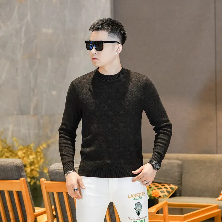 男士冬季厚款复古老花提花圆领长袖天鹅绒毛衣内搭打底衫男GL5002