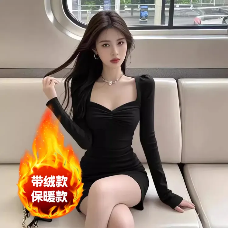赫本风法式长袖连衣裙高冷纯欲性感气质女神范收腰显瘦包臀裙女