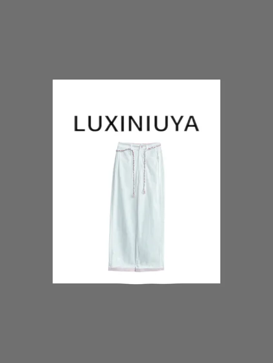 【LUXINIUYA】颜控牛仔 设计感撞色编织带显瘦休闲牛仔裤#CX3594
