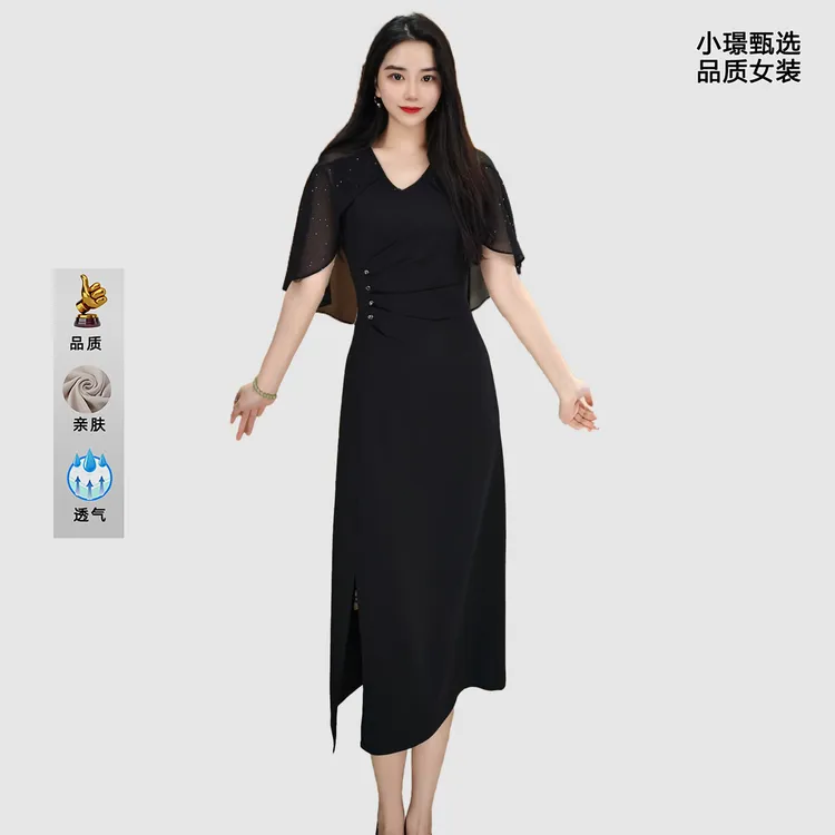 2025夏季亲肤名媛气质时尚修身显瘦抽褶皱透气收腰黑色连衣裙优雅