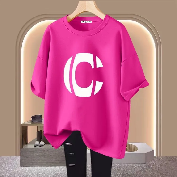 纯棉短袖T恤女夏季圆领宽松显瘦大版时尚印花中长款休闲百搭上衣