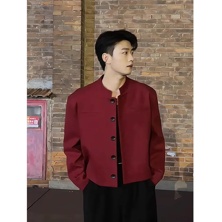 新中式红色短款立领垫肩西装夹克男春秋季潮牌高级感痞帅西服外套