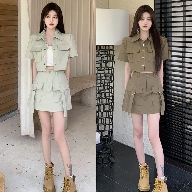 大码夏季新款时尚百搭休闲工装套装双口袋上衣显瘦半身裙两件套女