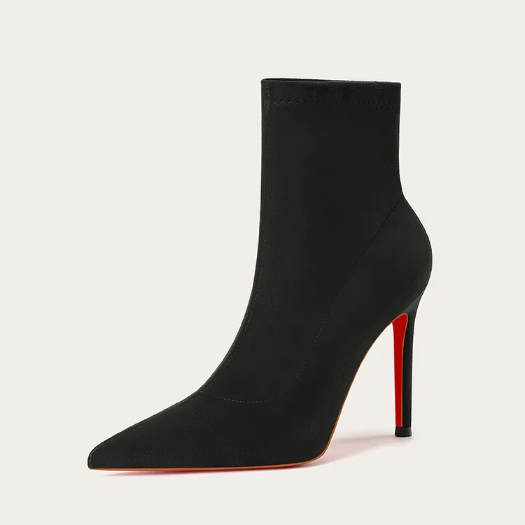 性感红底黑色高跟短靴女2025年秋冬季新款尖头时尚细跟弹力瘦瘦靴