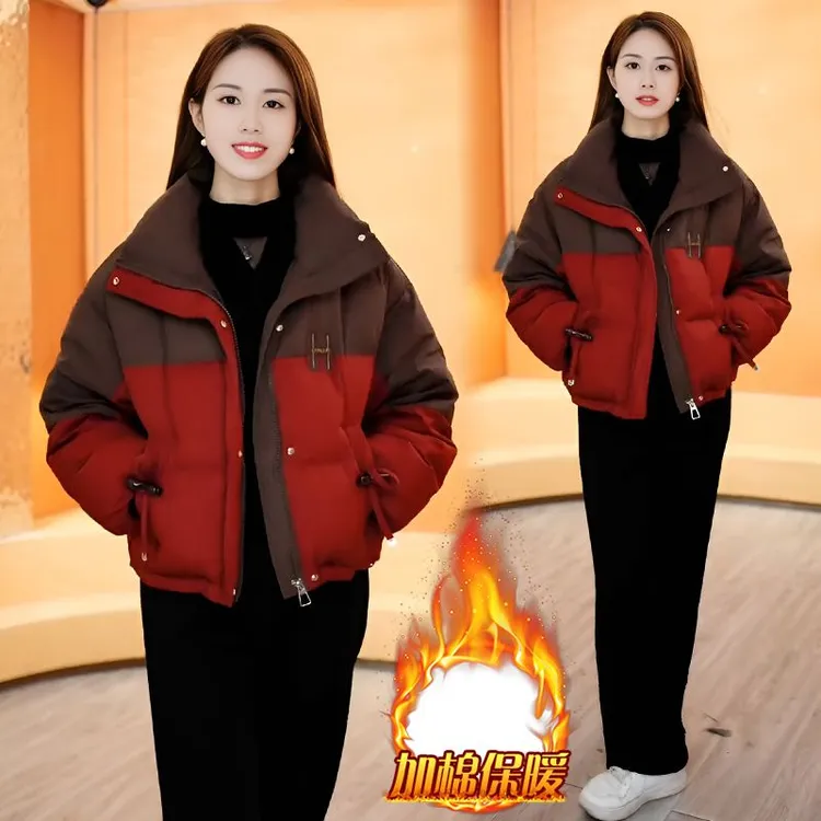 时尚拼色轻奢棉服女2025冬季新款洋气显瘦加厚保暖小个子棉衣外套