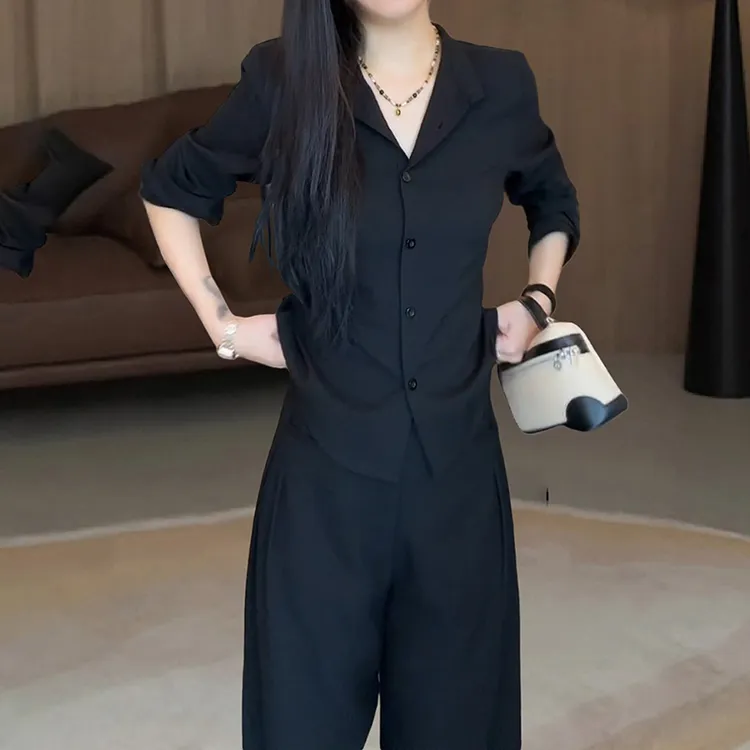 正肩衬衫+显瘦西裤套装两件套高级感轻奢高端千金清冷感贵系衣服