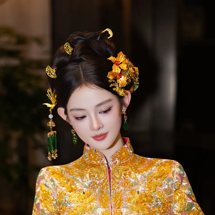 合金婚庆饰品 传统新娘古风结婚金色凤凰减龄手工流苏配饰MT0161