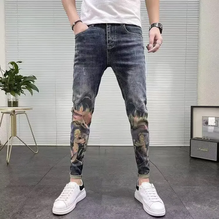 秋季新款时尚印花牛仔裤男潮流潮牌修身痞帅小脚个性欧货长裤男