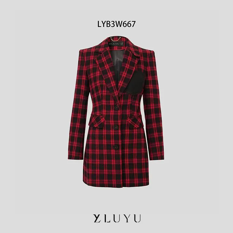 LUYU/鲁遇宽松型常规款格子长袖常规西装红色中长款秋季LYB3W667
