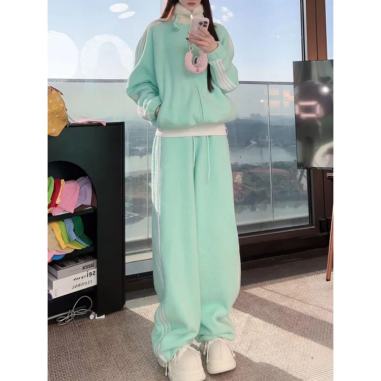 三条杆秋冬加厚套装女摇粒绒毛毛领卫衣外套阔腿裤加绒保暖两件套