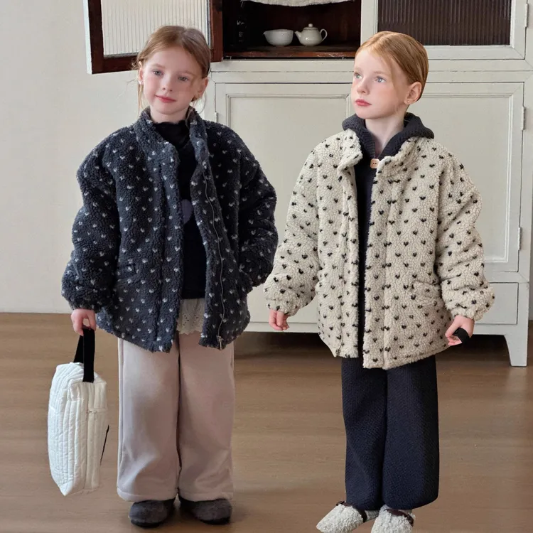 女童点点毛毛外套2025冬新款儿童小众加厚毛绒茸呢夹克棉服大衣