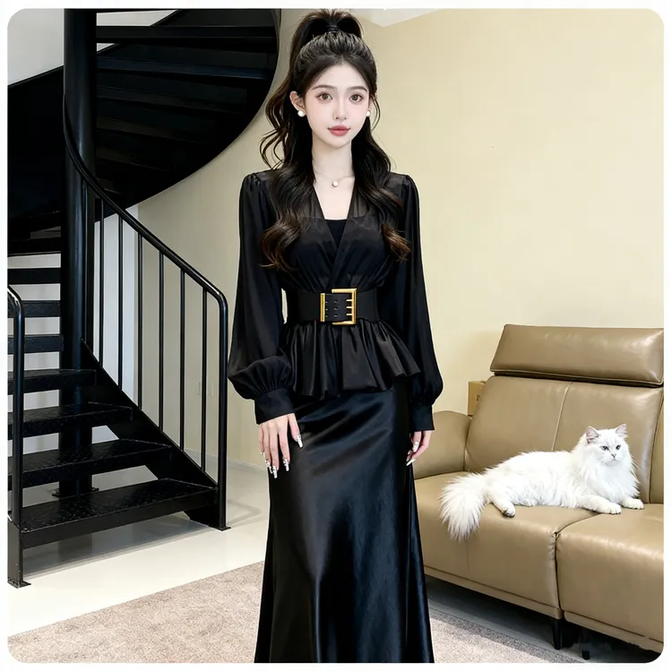 网红新款时髦重工v领纯色宽松显瘦气质收腰长袖衬衫女285#