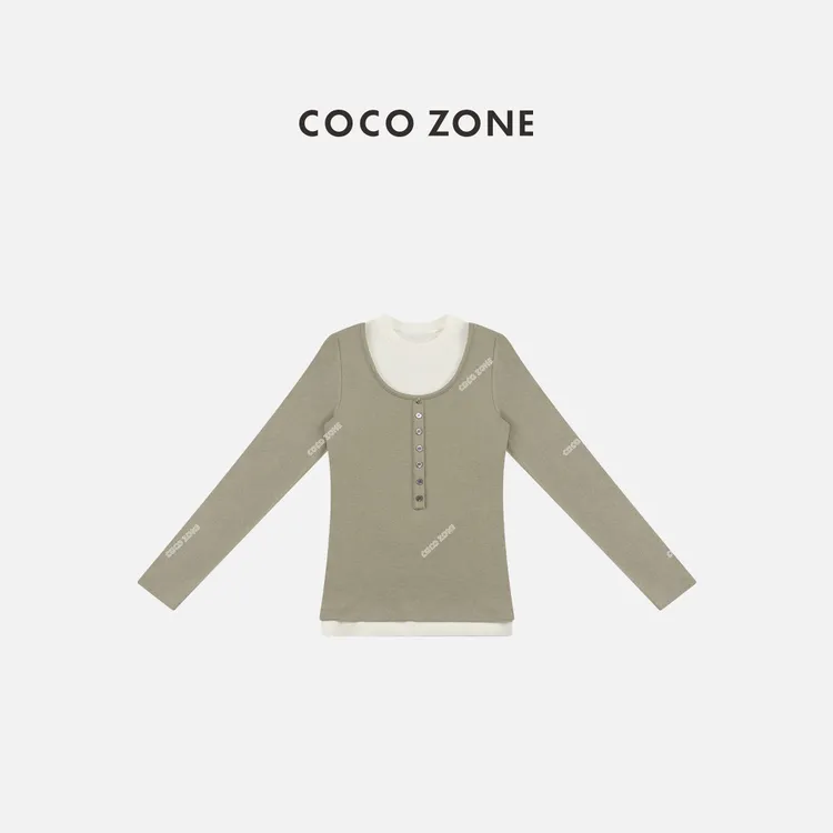 COCO ZONE 刘一一早春设计感撞色假两件圆领长袖T恤CC1D2516