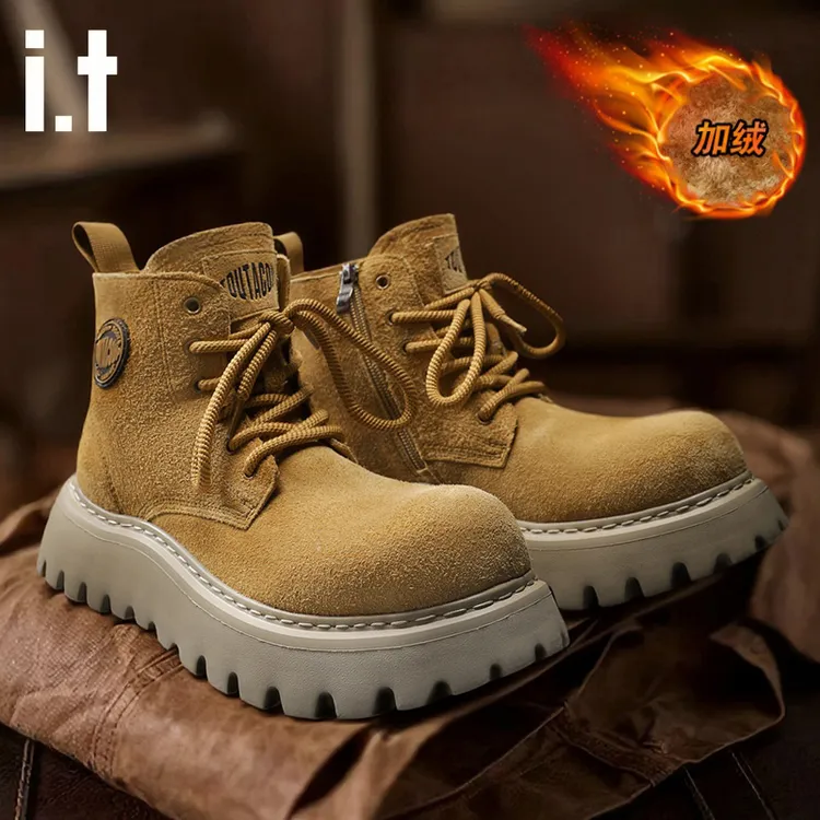 i.t tac冬季男士加绒加厚真皮中帮马丁靴厚底增高男鞋户外工装靴