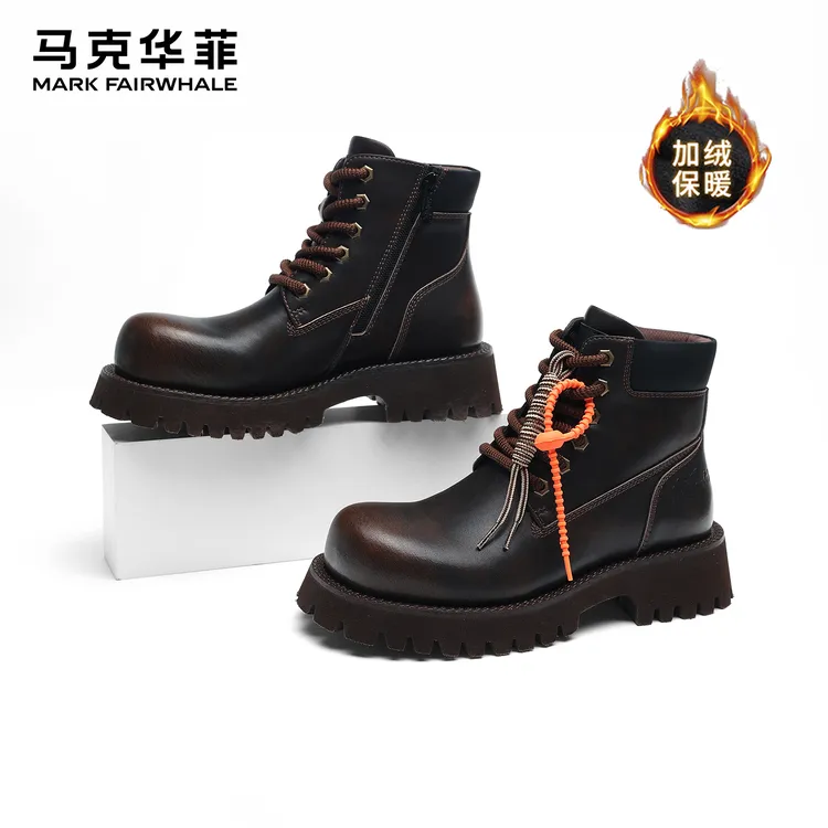 马克华菲男靴冬季加绒保暖马丁靴新款增高男鞋复古英伦风工装靴子